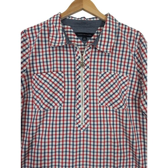 Tommy Hilfiger Popover Shirt Womens XL Red Blue Gingham Plaid Adjustable Sleeve - Picture 2 of 10